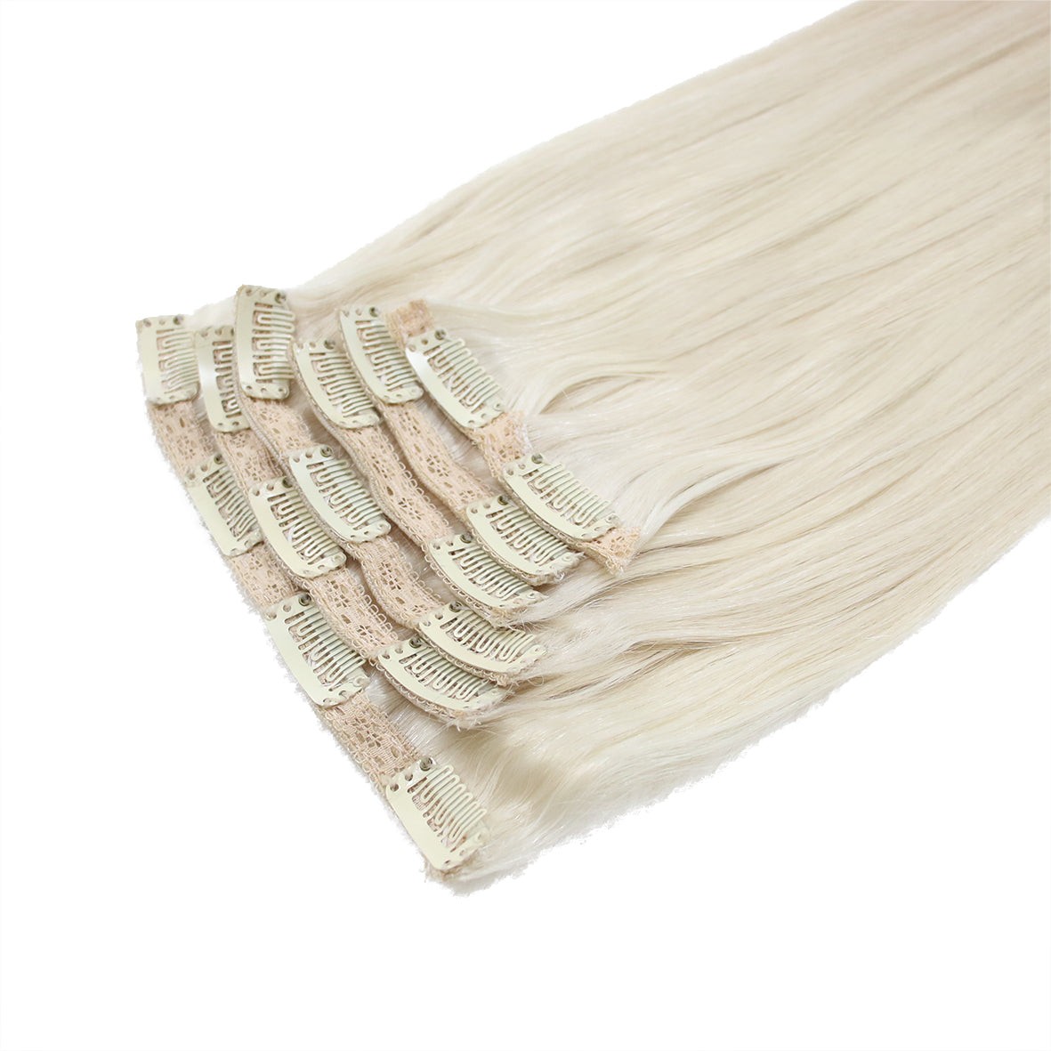 Human hair clip-in extension wefts laid out at the Dorin Wigs atelier in Fort Lauderdale, Florida