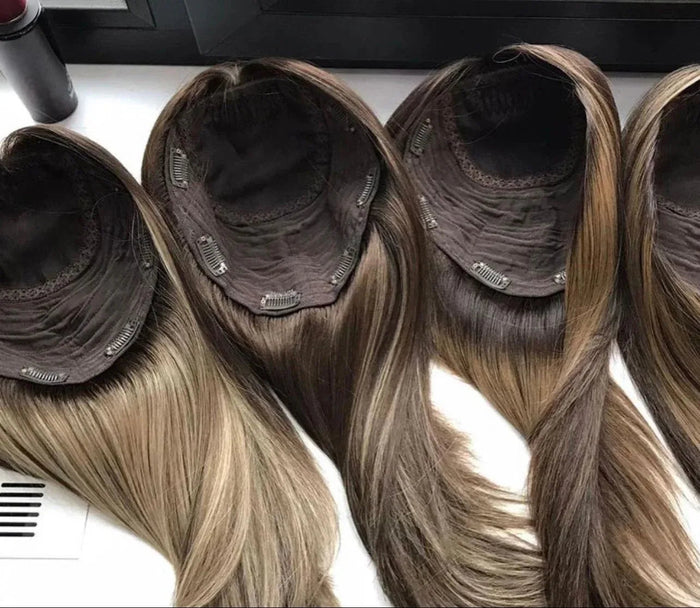Human hair topper adding natural volume at the crown for thinning hair, at Dorin Wigs in Fort Lauderdale
