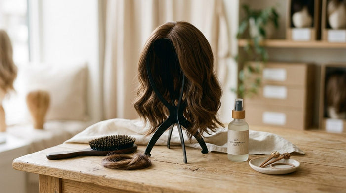 A human hair wig displayed on a wig stand in a bright, organized bedroom closet