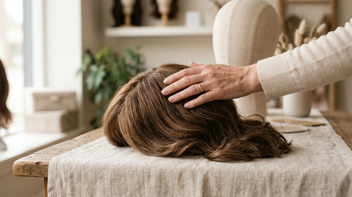Woman reviewing FSA documentation for a cranial prosthesis wig at Dorin Wigs Fort Lauderdale