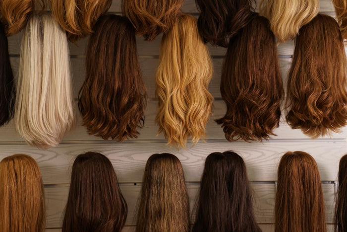 Human hair and synthetic wigs displayed on stands at Dorin Wigs' Fort Lauderdale atelier