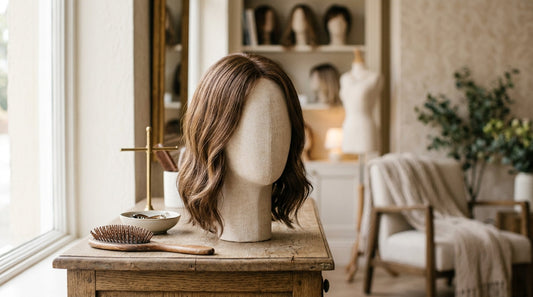 Woman wearing a natural-looking human hair wig during a fitting consultation at Dorin Wigs in Fort Lauderdale