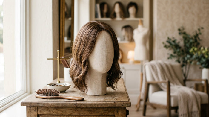 Woman wearing a natural-looking human hair wig during a fitting consultation at Dorin Wigs in Fort Lauderdale