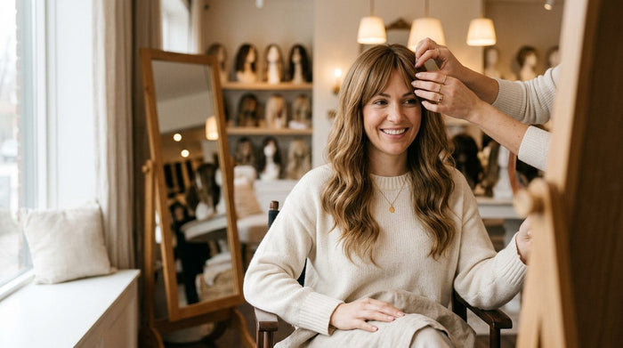 Woman trying on a layered human hair wig at Dorin Wigs showroom in Fort Lauderdale to find the best style for her face shape