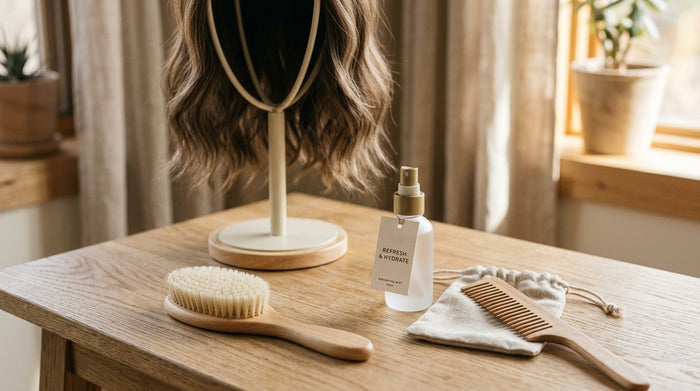 A human hair wig being refreshed on a wig stand with a wide-tooth comb at a Fort Lauderdale salon