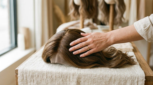 Woman with alopecia sitting in a wig consultation, holding a human hair lace front wig