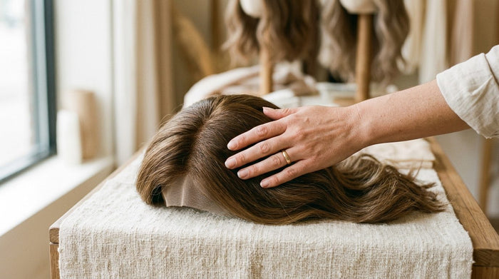 Woman with alopecia sitting in a wig consultation, holding a human hair lace front wig