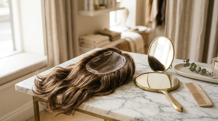 Human hair topper blended seamlessly at the crown, showing natural parting and volume for thinning hair