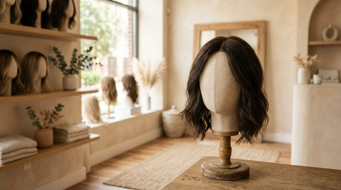 Human hair wig beside a synthetic wig on display stands at Dorin Wigs Fort Lauderdale showroom