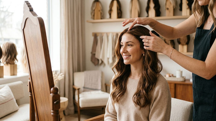 A stylist gently adjusting a custom wig on a client in a warm Fort Lauderdale boutique