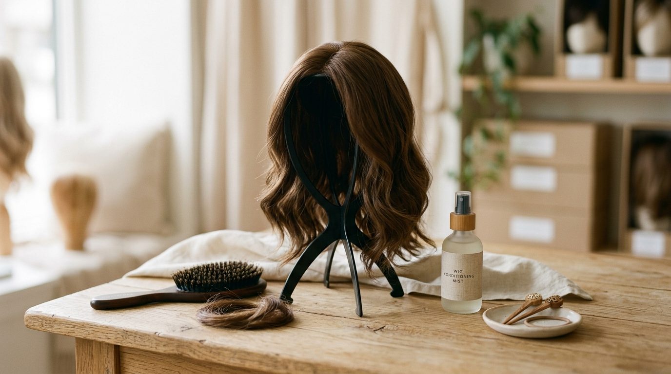 A human hair wig displayed on a wig stand in a bright, organized bedroom closet