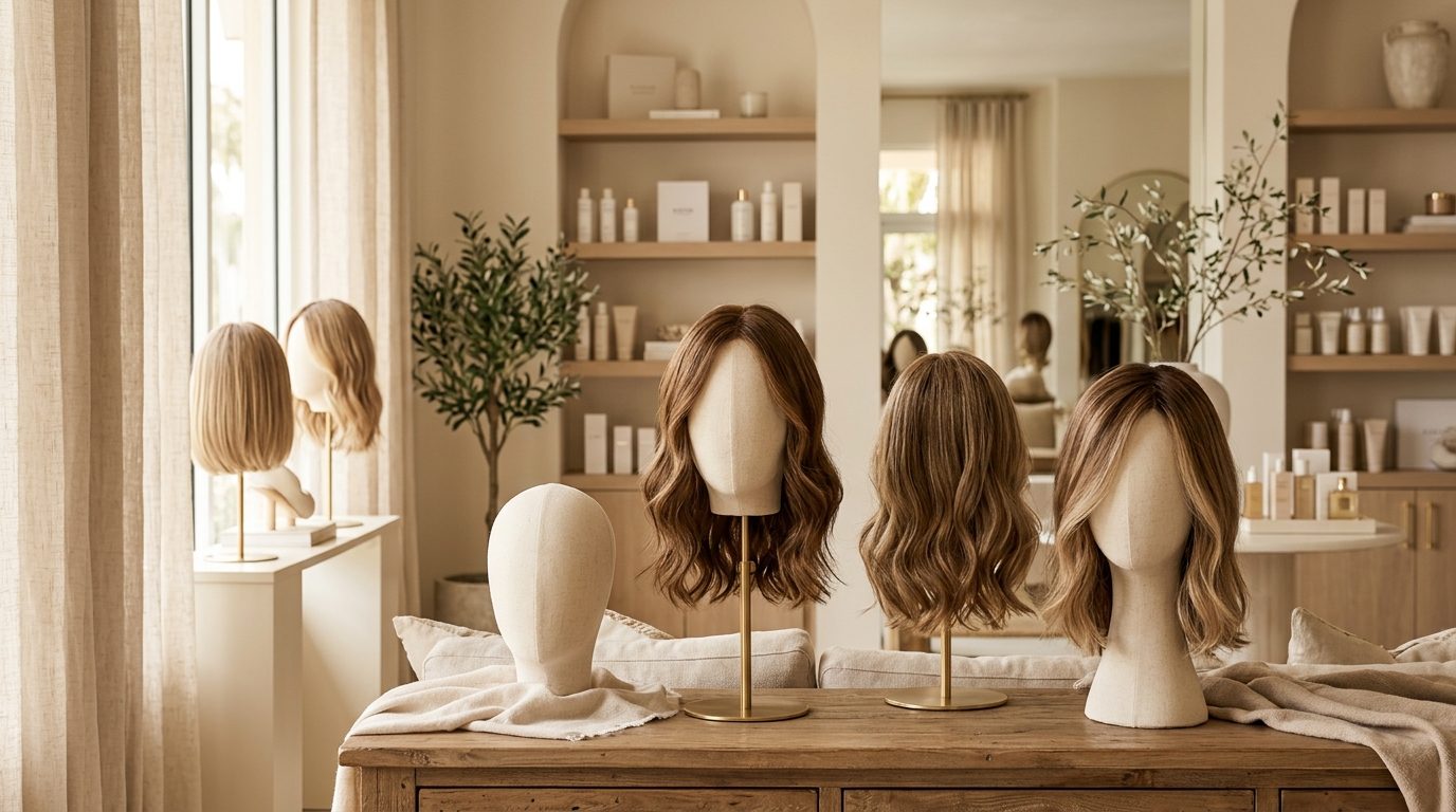 Hair topper being fitted at Dorin Wigs showroom in Fort Lauderdale, serving Sunny Isles and North Miami clients