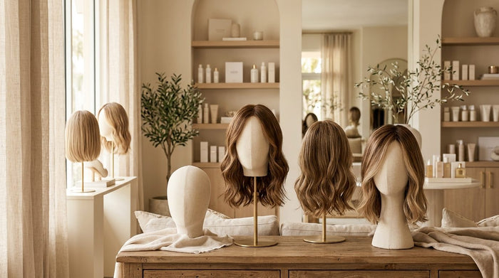 Hair topper being fitted at Dorin Wigs showroom in Fort Lauderdale, serving Sunny Isles and North Miami clients