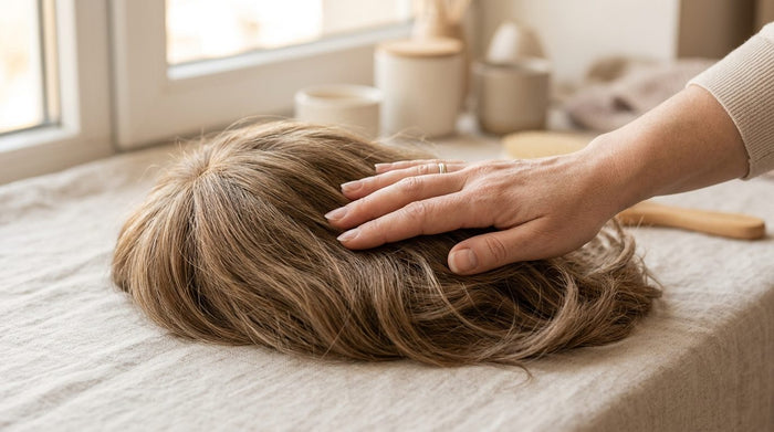 A brushed human hair wig resting on a clean linen surface in soft natural daylight at Dorin Wigs Fort Lauderdale