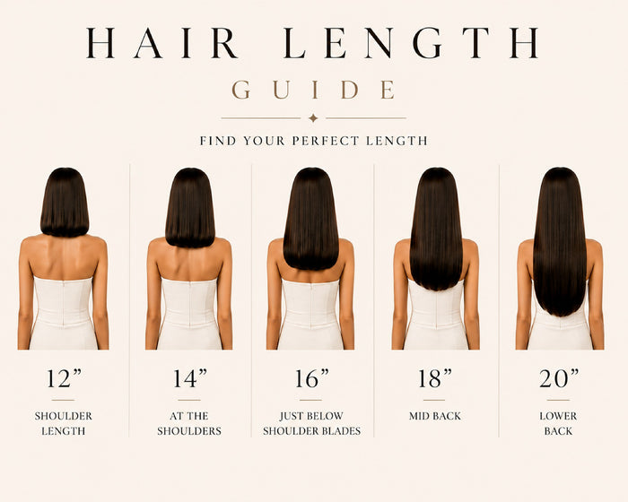 Hair length guide, back view: 12 inch shoulder length, 14 inch at the shoulders, 16 inch just below shoulder blades, 18 inch mid back, 20 inch lower back - Dorin Wigs wig length reference