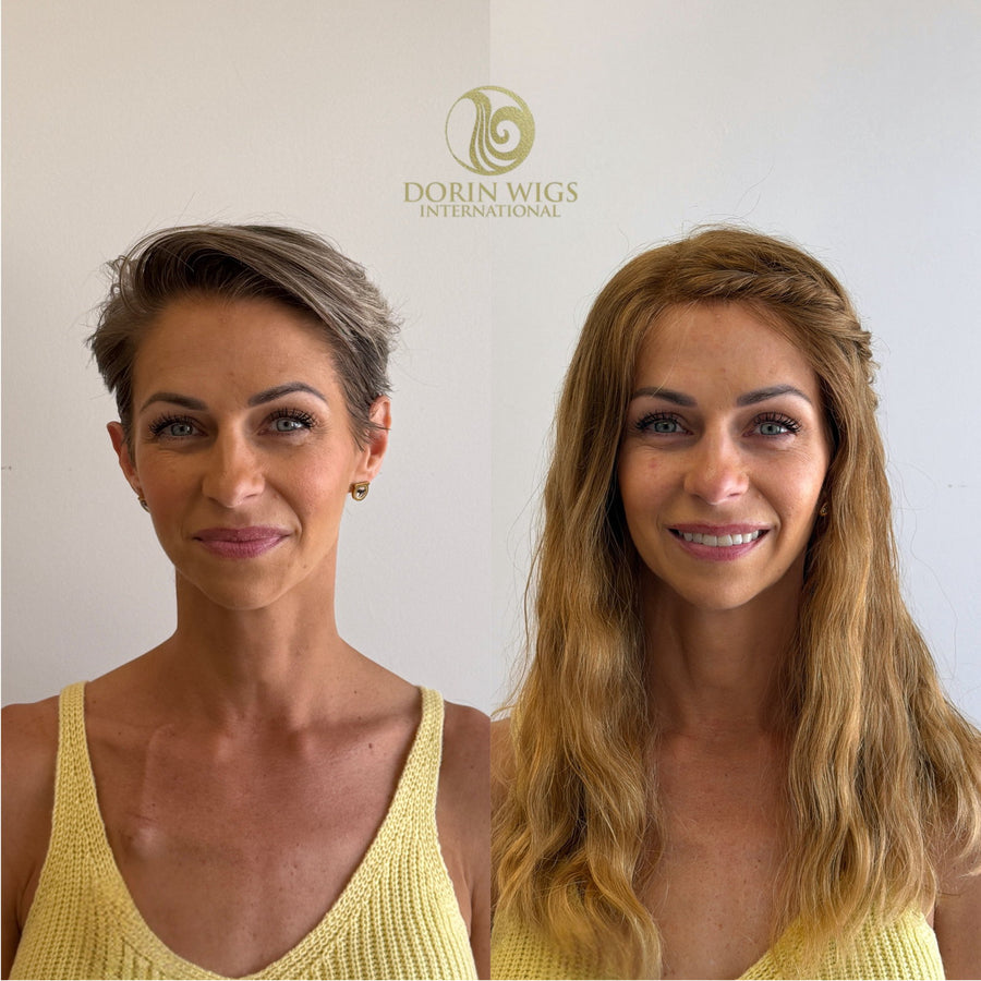 Dorin Wigs client before and after a custom color-matched wig fitting
