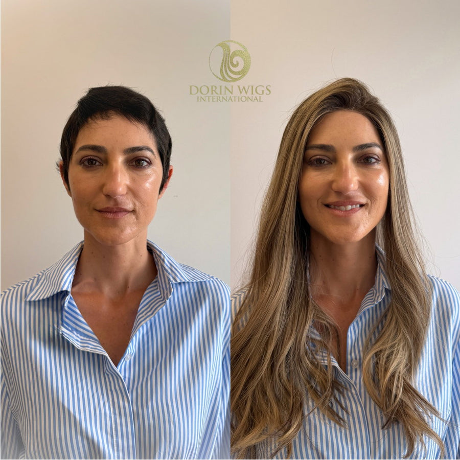 Dorin Wigs client before and after a hand-tied full-length wig fitting