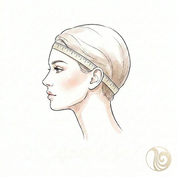 Illustration of a woman measuring her head circumference for a wig, tape wrapped from front hairline around the nape