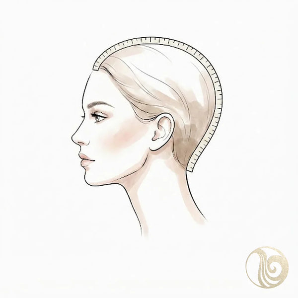 Illustration showing front-to-nape wig measurement, tape running from front hairline over the crown to the nape of the neck