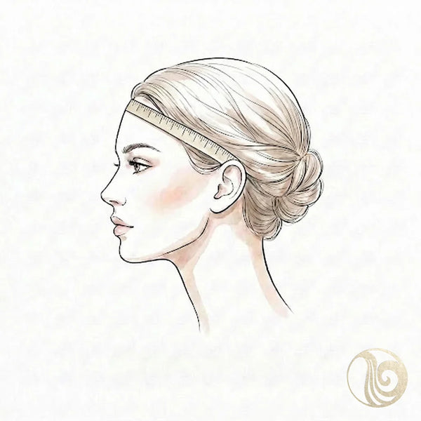 Illustration of ear-to-ear wig measurement across the forehead, tape following the front hairline from ear to ear