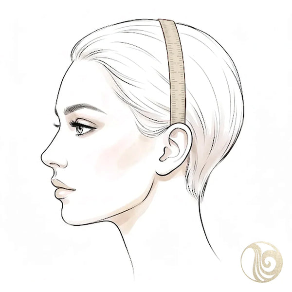 Illustration of ear-to-ear over-the-top wig measurement, tape running from ear over the crown of the head