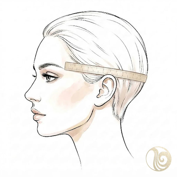 Illustration of temple-to-temple wig measurement, tape running from the temple around the back of the head
