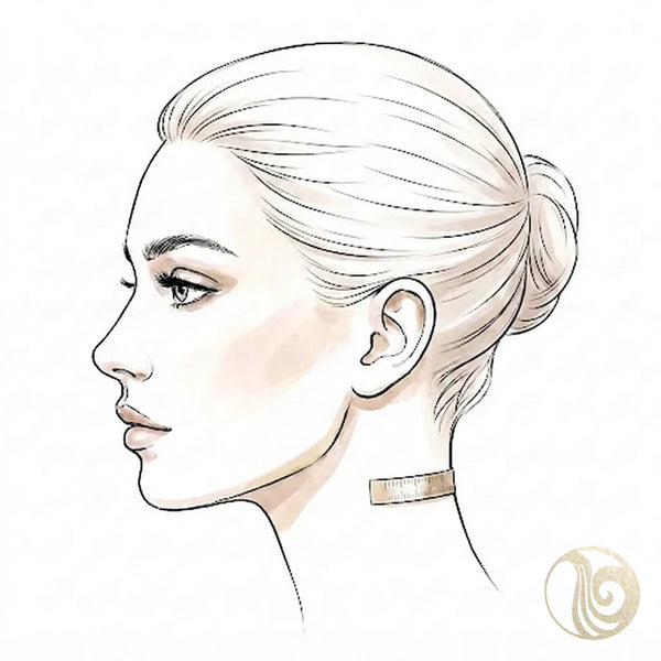 Illustration of nape of neck wig measurement, short tape held across the back hairline at the neck